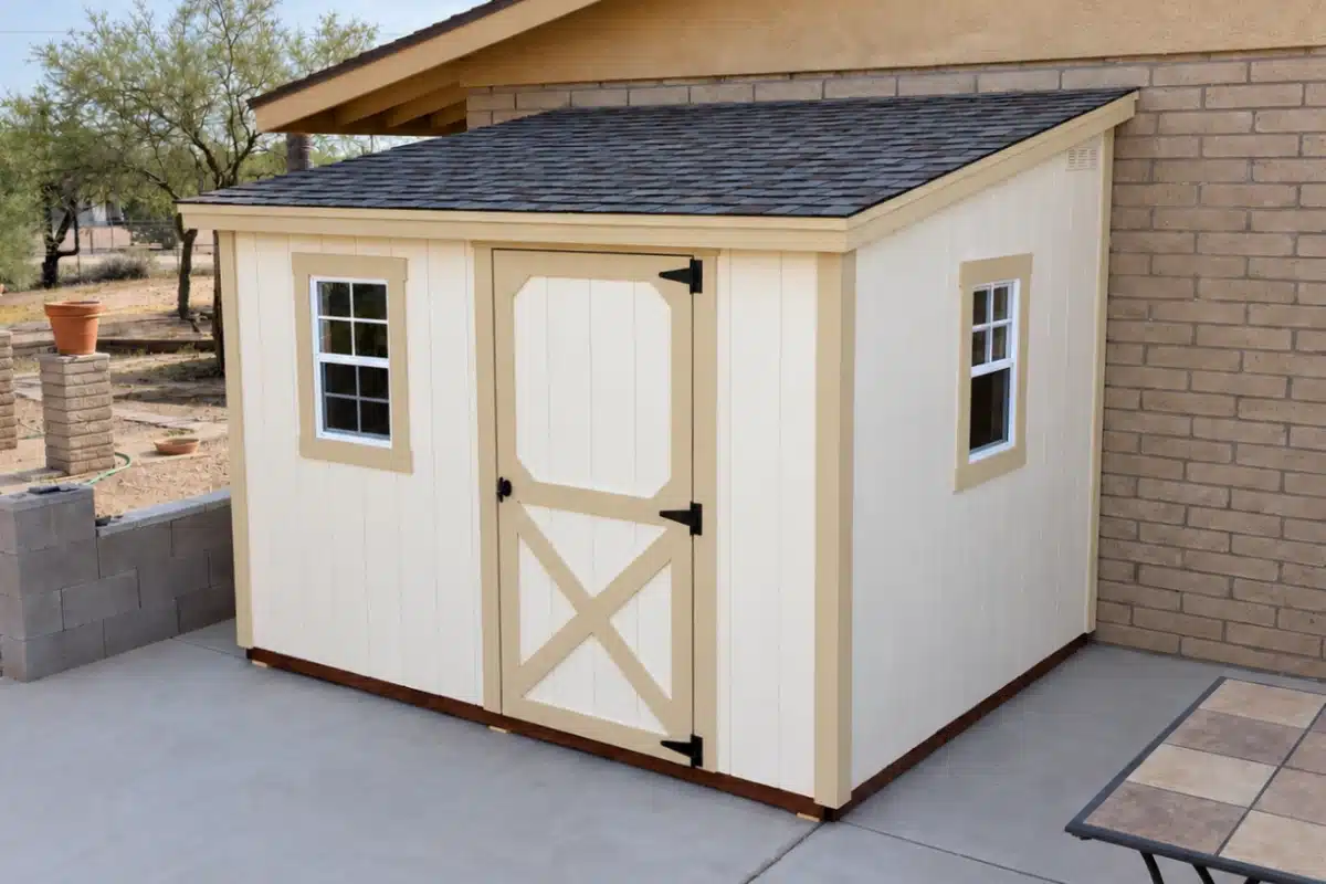 Shed Builder in Apache Junction: 10×8 Custom lean-to shed with two windows and a single door in Apache Junction, AZ