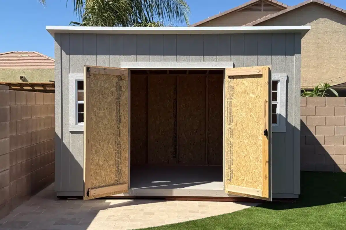 12×8 Standard lean-to shed with double doors open, built in San Tan Valley, Arizona