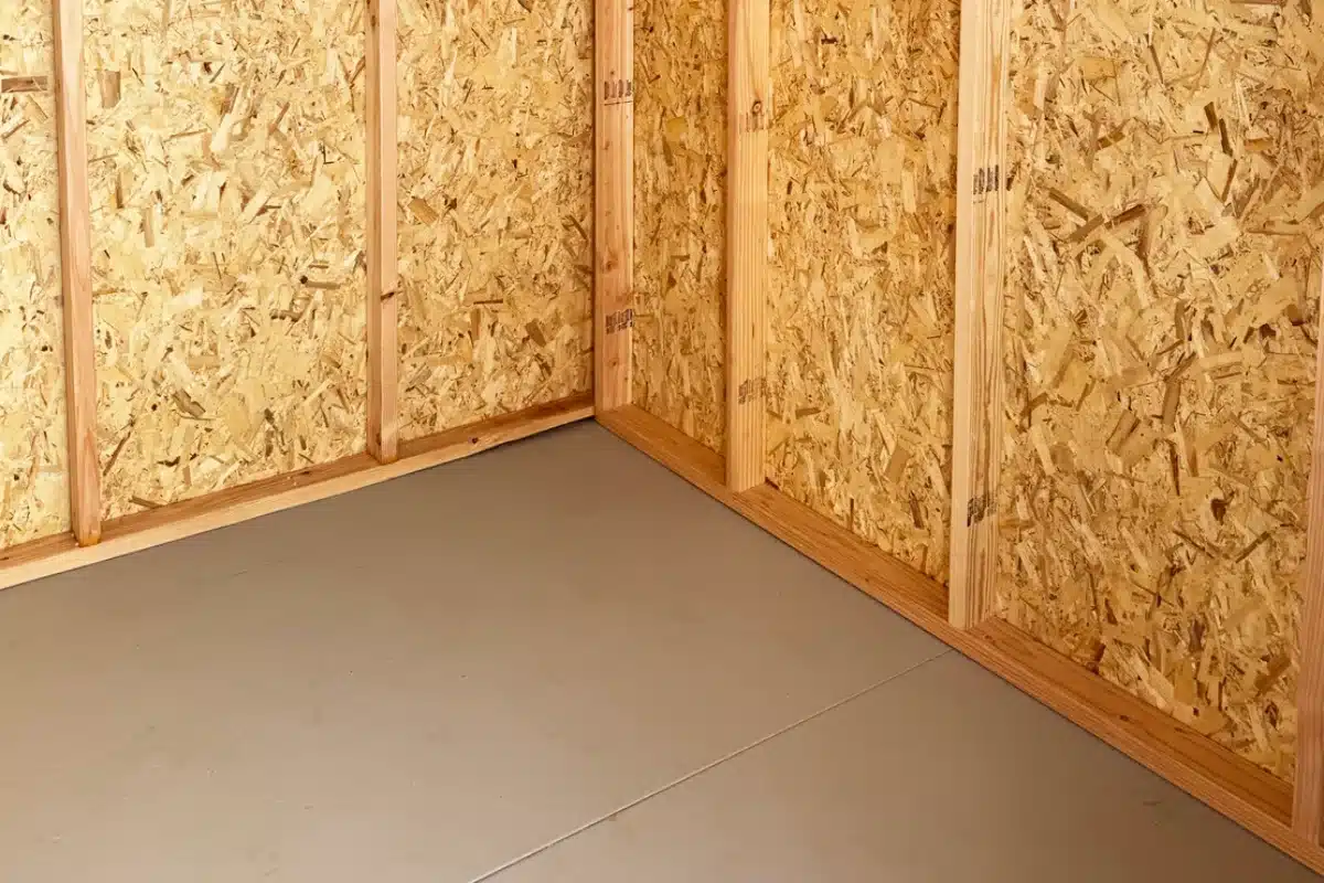 Gray painted floor inside a 12×8 Standard lean-to shed built in San Tan Valley, Arizona