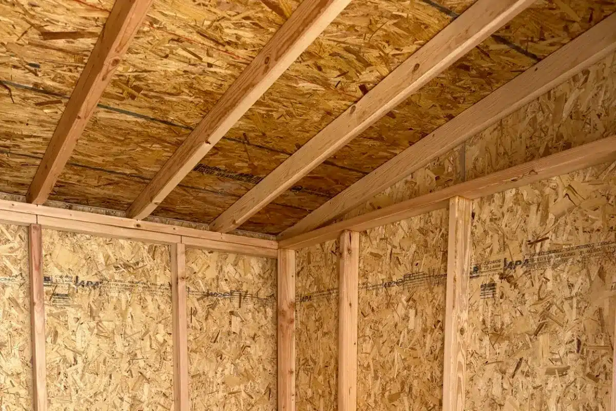 Wood roof framing inside a 12×8 Standard lean-to shed built in San Tan Valley, Arizona