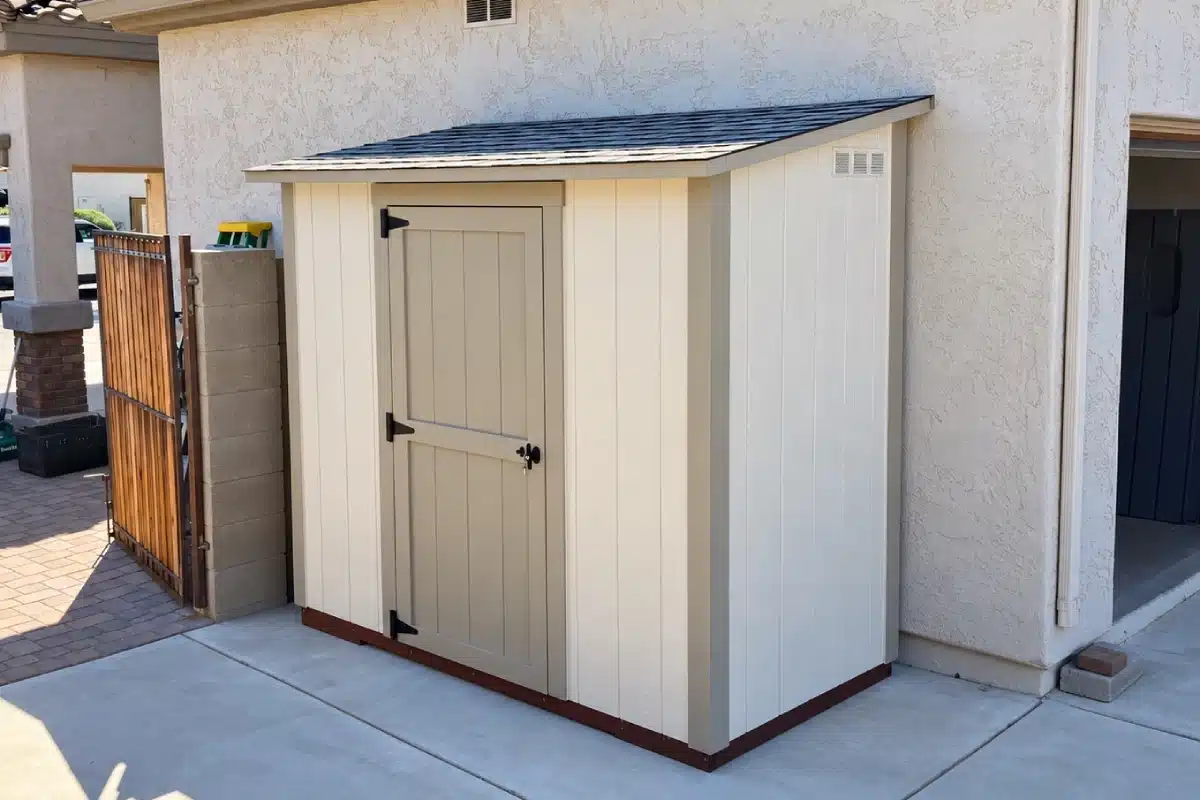 Shed Builder in Queen Creek: Beige 8×4 Standard shed with a single door, built on-site in Queen Creek, AZ