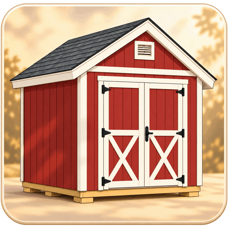 Clip art of a gable shed with a peaked shingle roof and double doors