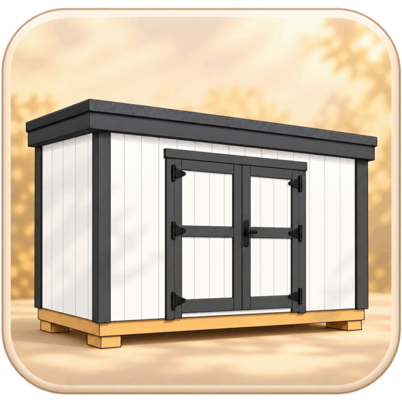 Clip art of a low-profile shed with a nearly flat roof and dark trim