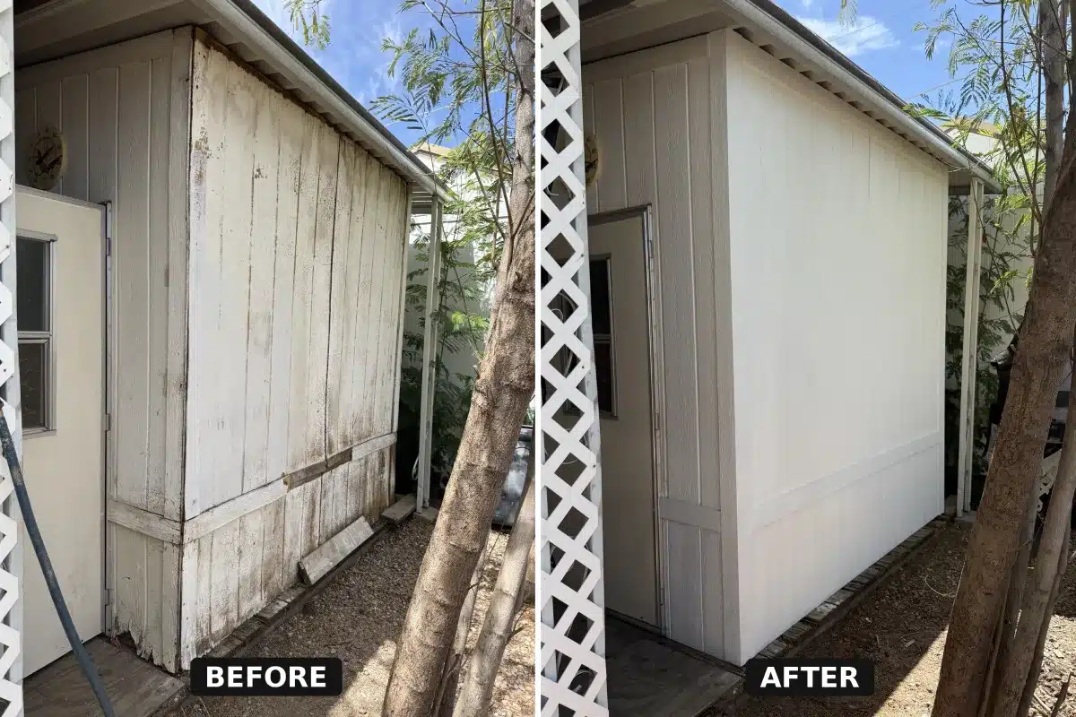 Exterior shed wall repair before and after in Mesa, AZ